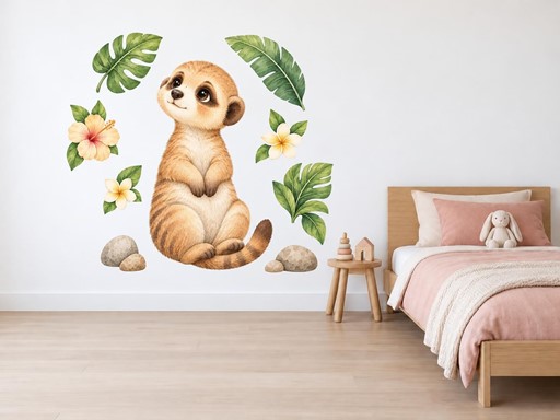 Surikatka mezi tropickými květy samolepky na zeď, Surikatka mezi tropickými květy tapety na zeď, Surikatka mezi tropickými květy dekorace na zeď, Surikatka mezi tropickými květy nálepky na zeď
