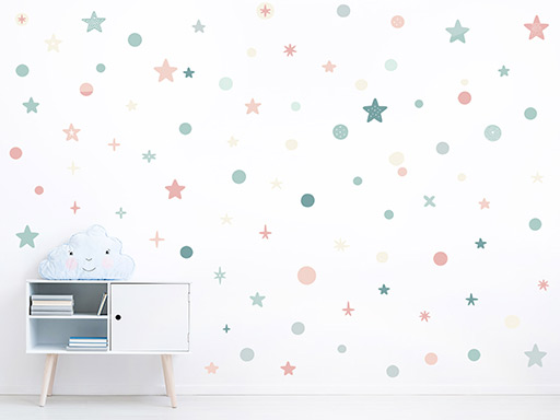 Bodky a hviezdičky samolepky na stenu, Bodky a hviezdičky nálepky na stenu, Bodky a hviezdičky dekorácie na stenu, Bodky a hviezdičky samolepiace nálepky na stenu