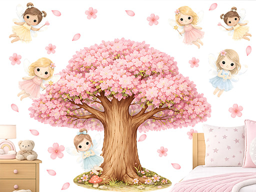Čerešňa strom a víly samolepky na stenu, Čerešňa strom a víly tapety na stenu, Čerešňa strom a víly dekorácie na stenu, Čerešňa strom a víly nálepky na stenu