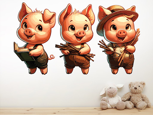 Tri čuníci samolepky na stenu, Tri čuníci nálepky na stenu pre deti, Tri čuníci detské dekorácie na stenu, Tri čuníci samolepiace nálepky na stenu