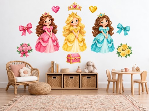 Tři princezny v barevných šatech samolepky na zeď, Tři princezny v barevných šatech tapety na zeď, Tři princezny v barevných šatech dekorace na zeď, Tři princezny v barevných šatech nálepky na zeď