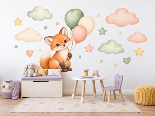 Usměvavá lištička s balonky samolepky na zeď, Usměvavá lištička s balonky tapety na zeď, Usměvavá lištička s balonky dekorace na zeď, Usměvavá lištička s balonky nálepky na zeď