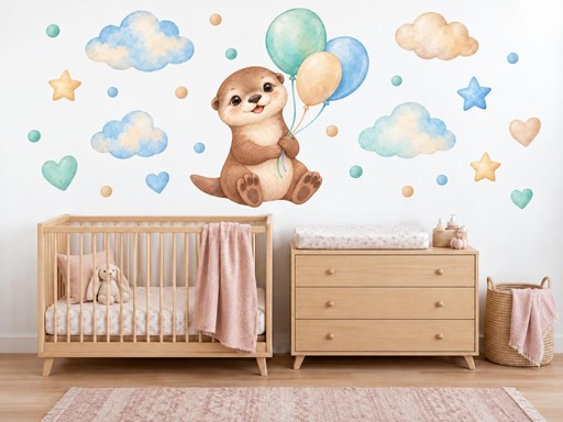 Usměvavá vydřička s balonky samolepky na zeď, Usměvavá vydřička s balonky tapety na zeď, Usměvavá vydřička s balonky dekorace na zeď, Usměvavá vydřička s balonky nálepky na zeď