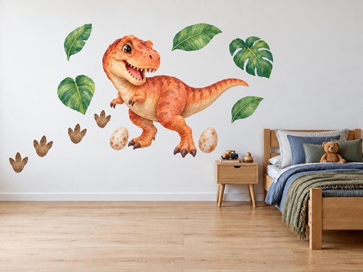 Usmievavý tyranosaurus s vajíčkami nálepky na stenu, Usmievavý tyranosaurus s vajíčkami tapety na stenu, Usmievavý tyranosaurus s vajíčkami dekorácie na stenu, Usmievavý tyranosaurus s vajíčkami nálepky na stenu