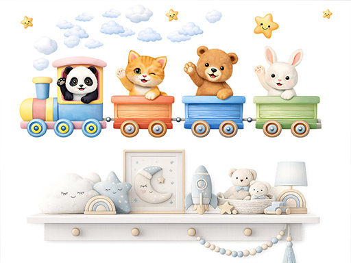 Veselé zvieratká vo vlaku samolepky na stenu, Veselé zvieratká vo vlaku tapety na stenu, Veselé zvieratká vo vlaku dekorácie na stenu, Veselé zvieratká vo vlaku nálepky na stenu