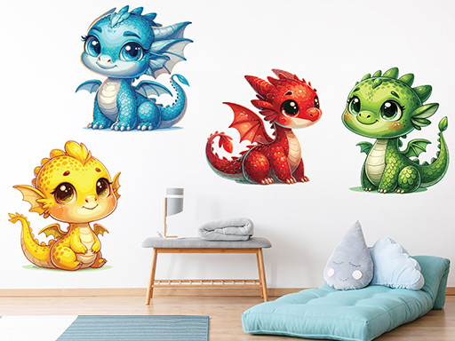 Veselí draci samolepky na stenu, Veselí draci nálepky na stenu pre deti, Veselí draci detské dekorácie na stenu, Veselí draci samolepiace nálepky na stenu