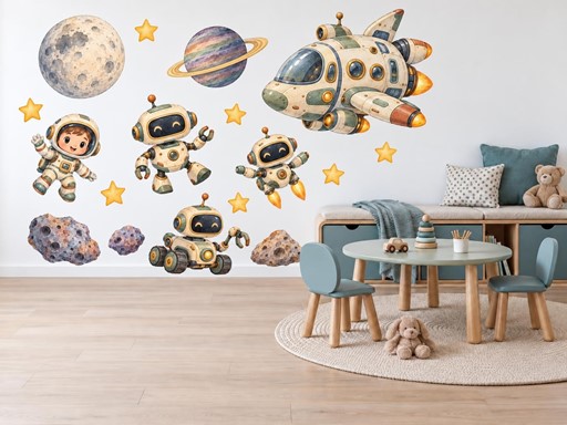 Veselí roboti a malý kosmonaut samolepky na zeď, Veselí roboti a malý kosmonaut tapety na zeď, Veselí roboti a malý kosmonaut dekorace na zeď, Veselí roboti a malý kosmonaut nálepky na zeď