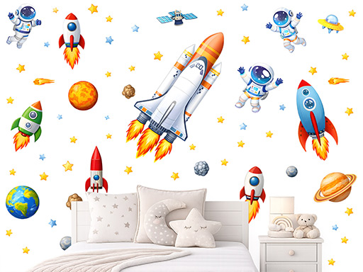 Vesmírna raketa samolepky na stenu, Vesmírna raketa nálepky na stenu, Vesmírna raketa dekorácie na stene, Vesmírna raketa tapety na stene