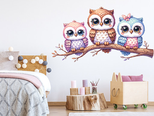 Vetva so sovami samolepky na stenu, Vetva so sovami nálepky na stenu, Vetva so sovami dekorácia na stene, Vetva so sovami tapety na stene