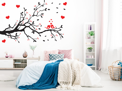 Větev se srdíčky samolepky na zeď, Větev se srdíčky nálepky na zeď, Větev se srdíčky dekorace na zeď, Větev se srdíčky samolepící nálepky na zeď