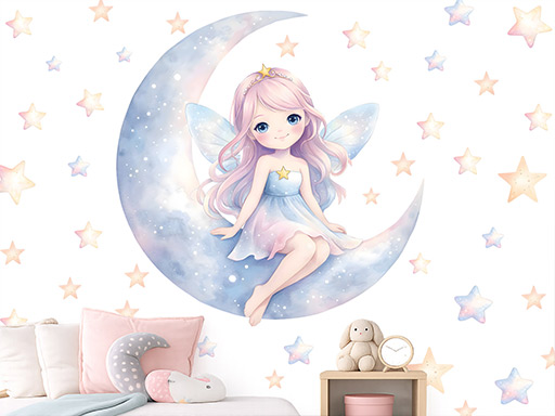 Víla na měsíci a barevné hvězdičky samolepka na zeď, Víla na měsíci a barevné hvězdičky nálepka na zeď, Víla na měsíci a barevné hvězdičky dětská dekorace na zeď, Víla na měsíci a barevné hvězdičky samolepící nálepka na zeď, Víla na měsíci a barevné hvězdičky samolepka na zeď pro děti