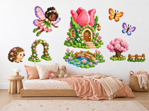 Víla u tulipánového domku samolepky na zeď, Víla u tulipánového domku tapety na zeď, Víla u tulipánového domku dekorace na zeď, Víla u tulipánového domku nálepky na zeď
