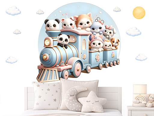 Vláček plný zvířátek samolepky na zeď, Vláček plný zvířátek nálepky na zeď pro děti, Vláček plný zvířátek dětské dekorace na zeď, Vláček plný zvířátek samolepící nálepky na zeď