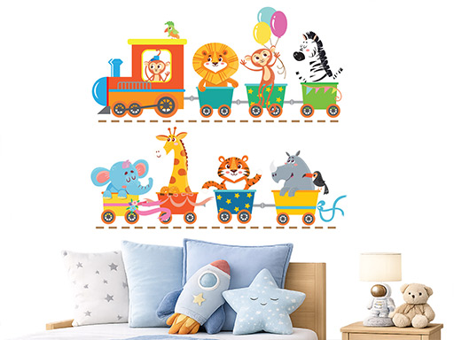Vláček se zvířátky samolepky na zeď, Vláček se zvířátky nálepky na zeď pro děti, Vláček se zvířátky dětské dekorace na zeď, Vláček se zvířátky samolepící nálepky na zeď