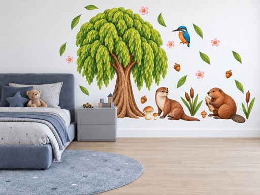 Vrba s bobrem a vydrou samolepky na zeď, Vrba s bobrem a vydrou tapety na zeď, Vrba s bobrem a vydrou dekorace na zeď, Vrba s bobrem a vydrou nálepky na zeď
