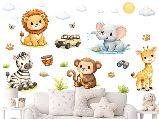 Nálepky na stenu Safari Animal Trip, Nálepky na stenu Safari Animal Trip pre deti, Detské dekorácie na stenu Safari Animal Trip, Samolepiace nálepky na stenu Safari Animal Trip