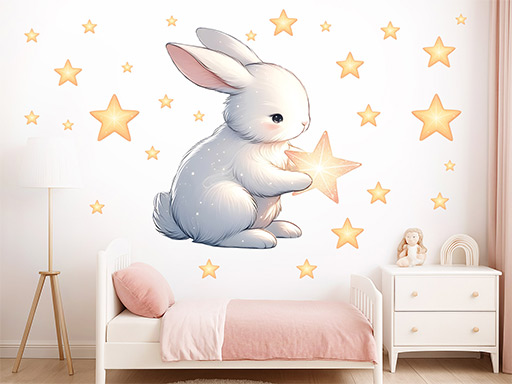 Zajíček a hvězdičky samolepky na zeď, Zajíček a hvězdičky nálepky na zeď pro děti, Zajíček a hvězdičky dětské dekorace na zeď, Zajíček a hvězdičky samolepící nálepky na zeď