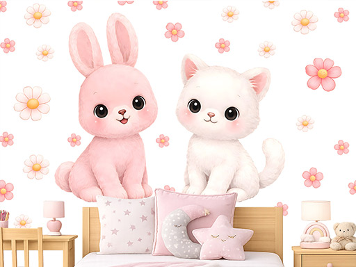 Zajíček a koťátko samolepky na zeď, Zajíček a koťátko nálepky na zeď pro děti, Zajíček a koťátko dětské dekorace na zeď, Zajíček a koťátko samolepící nálepky na zeď