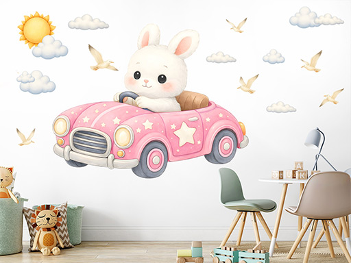 Zajačik v autíčku samolepky na stenu, Zajac v autíčku nálepky na stenu, Zajačik v autíčku dekorácie na stene, Zajda v autíčku tapety na stene