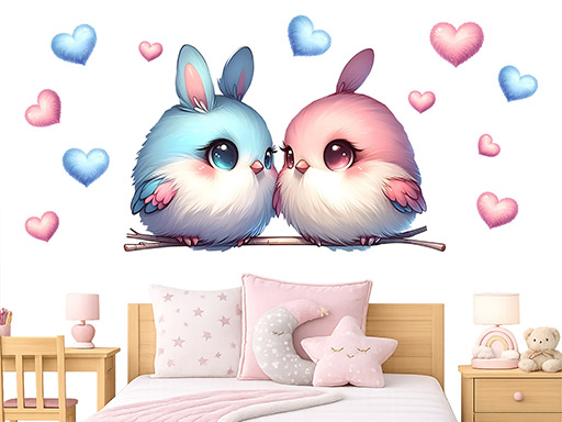 Zamilovaní ptáčci samolepky na zeď, Zamilovaní ptáčci nálepky na zeď pro děti, Zamilovaní ptáčci dětské dekorace na zeď, Zamilovaní ptáčci samolepící nálepky na zeď
