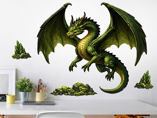 Nálepky na stenu so zeleným drakom, Dekorácie na stenu so zeleným drakom, Samolepiace dekorácie na stenu so zeleným drakom, Nálepky na stenu so zeleným drakom
