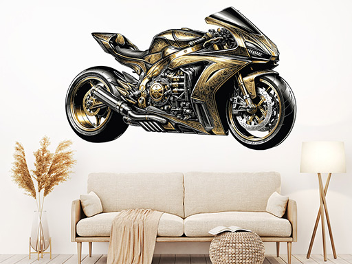 Zlatá motorka samolepky na zeď, Zlatá motorka nálepky na stěnu, Zlatá motorka dekorace na zdi, Zlatá motorka tapety na zdi