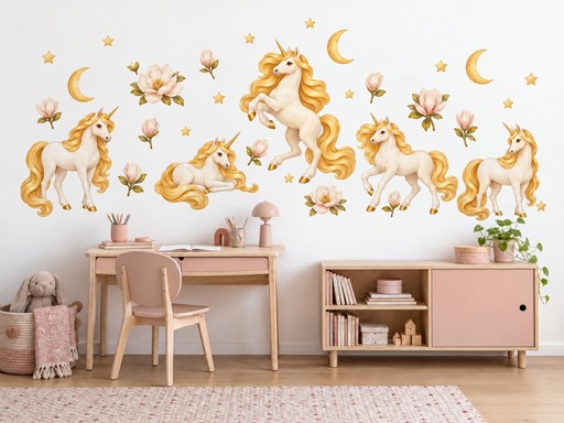 Zlatohříví jednorožci mezi magnoliemi samolepky na zeď, Zlatohříví jednorožci mezi magnoliemi tapety na zeď, Zlatohříví jednorožci mezi magnoliemi dekorace na zeď, Zlatohříví jednorožci mezi magnoliemi nálepky na zeď