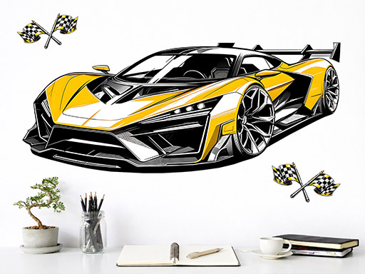 Žlutý sporťák samolepky na zeď, Žlutý sporťák nálepky na stěnu, Žlutý sporťák dekorace na zdi, Žlutý sporťák tapety na zdi