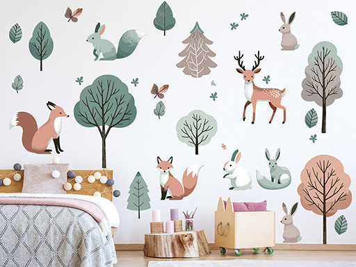 Zvířátka a barevné stromy samolepka na zeď, Zvířátka a barevné stromy nálepka na zeď, Zvířátka a barevné stromy dětská dekorace na zeď, Zvířátka a barevné stromy samolepící nálepka na zeď, Zvířátka a barevné stromy samolepka na zeď pro děti