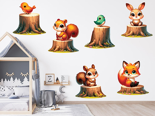 Zvieratká na pňoch samolepky na stenu, Zvieratká na pňoch nálepky na stenu pre deti, Zvieratká na pňoch detské dekorácie na stenu, Zvieratká na pňoch samolepiace nálepky na stenu