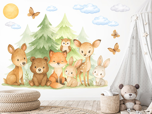 Nálepky na stenu Zvieratá v lese, Nálepky na stenu Zvieratá v lese pre deti, Detské dekorácie na stenu Zvieratá v lese, Samolepiace nálepky na stenu Zvieratá v lese