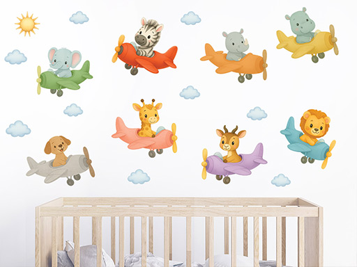 Zvieratká v lietadlách samolepka na stenu, Zvieratká v lietadlách nálepka na stenu, Zvieratká v lietadlách detská dekorácia na stenu, Zvieratká v lietadlách samolepiaca nálepka na stenu, Zvieratká v lietadlách samolepka na stenu pre deti
