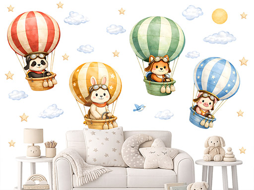 Zvířátka v létajících balonech samolepka na zeď, Zvířátka v létajících balonech nálepka na zeď, Zvířátka v létajících balonech dětská dekorace na zeď, Zvířátka v létajících balonech samolepící nálepka na zeď, Zvířátka v létajících balonech samolepka na zeď pro děti
