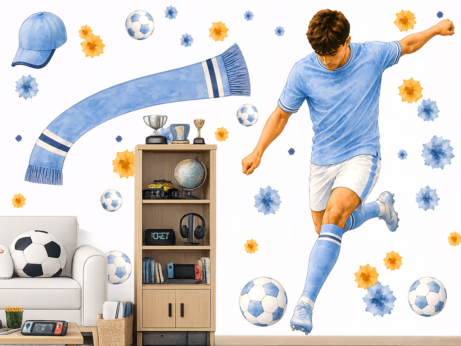 Nálepky na stenu s futbalistom z Manchesteru City, Dekorácie na stenu s futbalistom z Manchesteru City, Samolepiace dekorácie na stenu s futbalistom z Manchesteru City, Nálepky na stenu s futbalistom z Manchesteru City