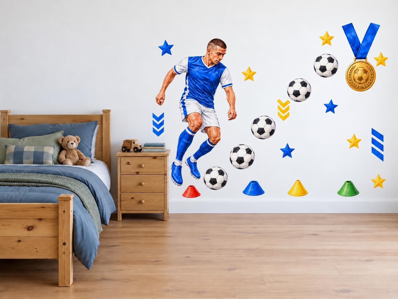 Fotbalista v modrém dresu samolepky na zeď, Fotbalista v modrém dresu tapety na zeď, Fotbalista v modrém dresu dekorace na zeď, Fotbalista v modrém dresu nálepky na zeď